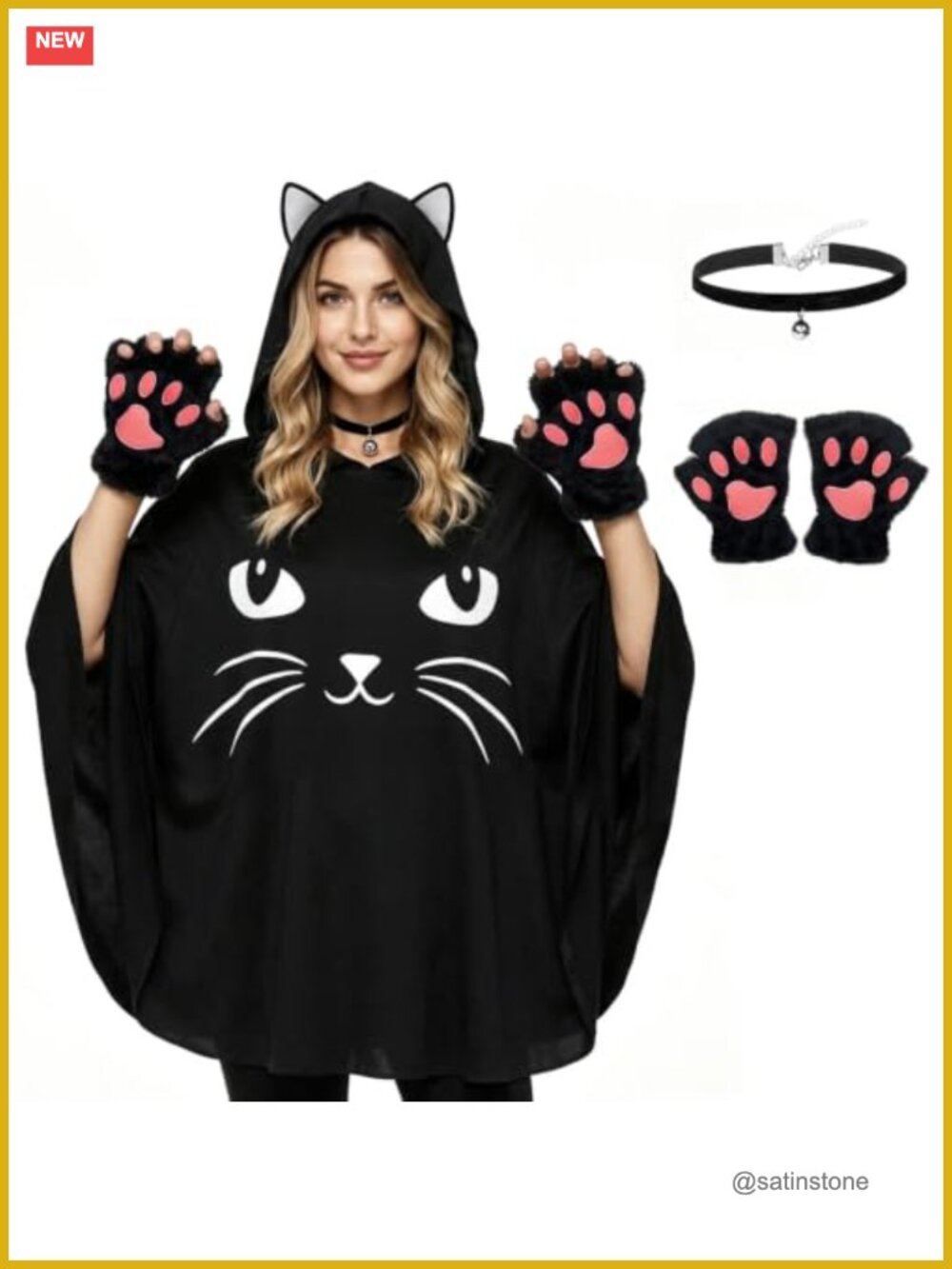 Women Cat Costume Hooded Poncho Bell Collar Paw Gloves Halloween Cosplay